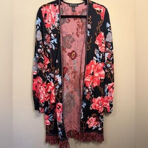 Women’s INC Black Multicolor Floral Fringe Hem Open Cardigan Sweater Size XL
